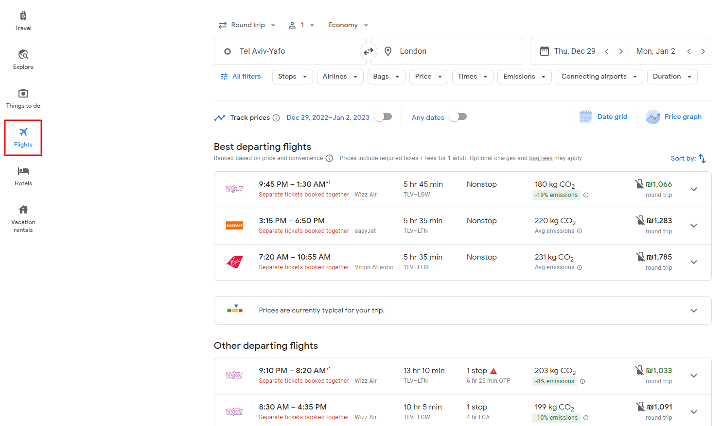 Google Travel - Flights Tab